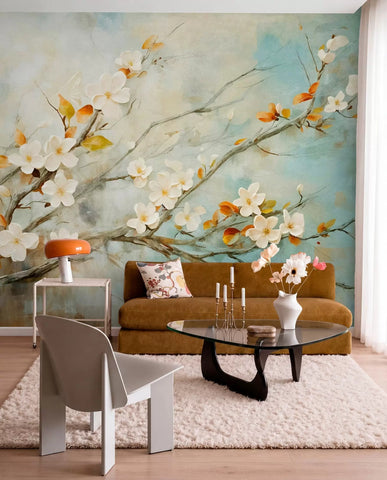 White blossom branches mural in a living room with a rust leather sofa