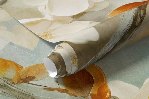 Rolled white cherry blossoms mural wallpaper in soft blue and orange