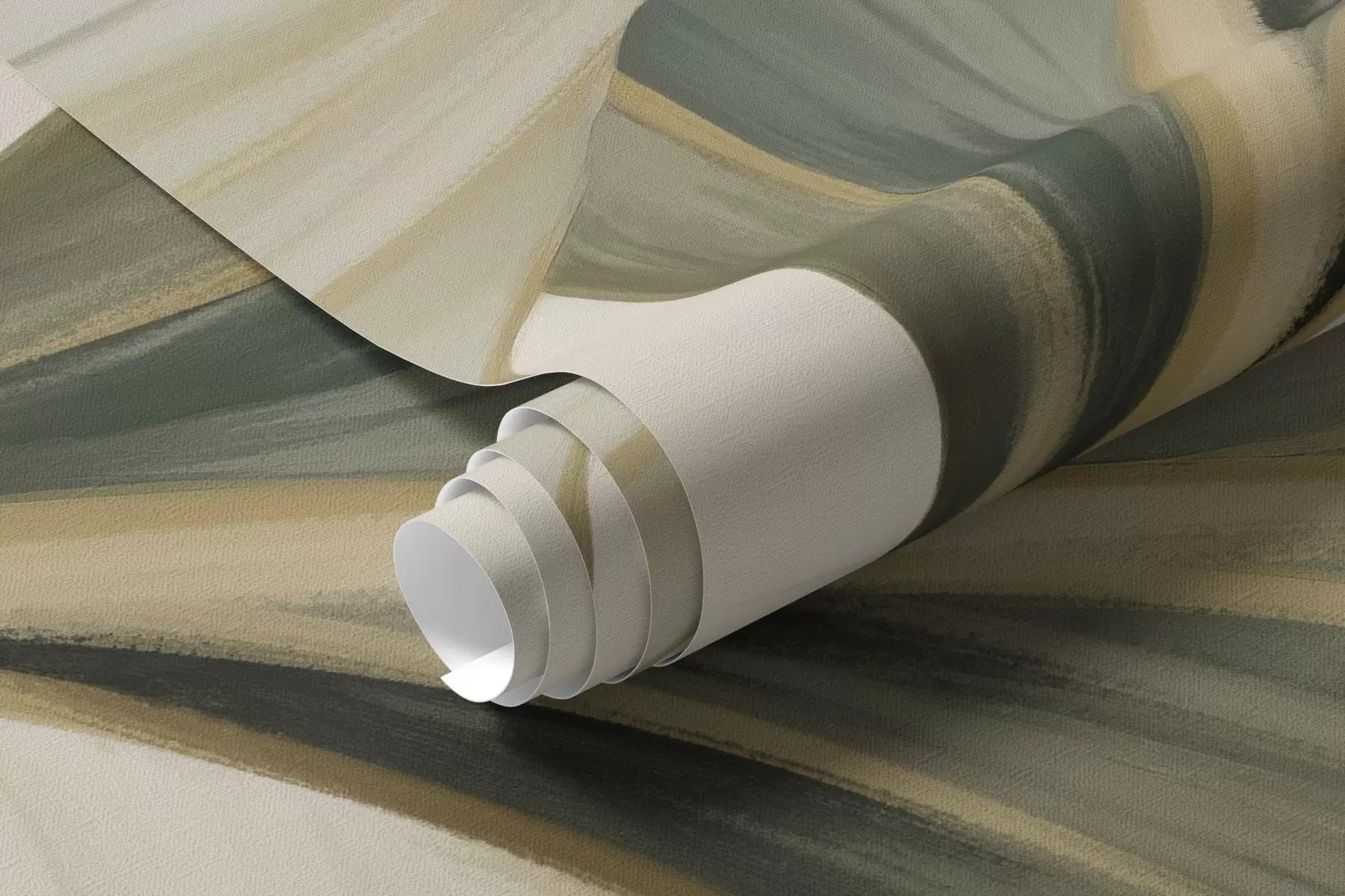 Rolled sage leaf ribbons mural wallpaper in green and cream