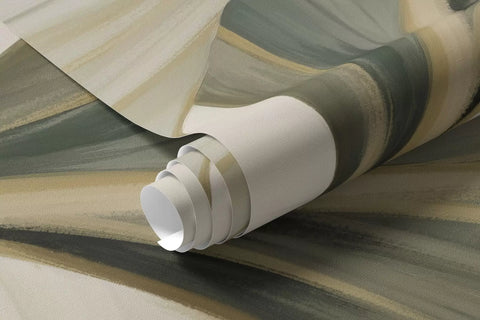 Rolled sage leaf ribbons mural wallpaper in green and cream