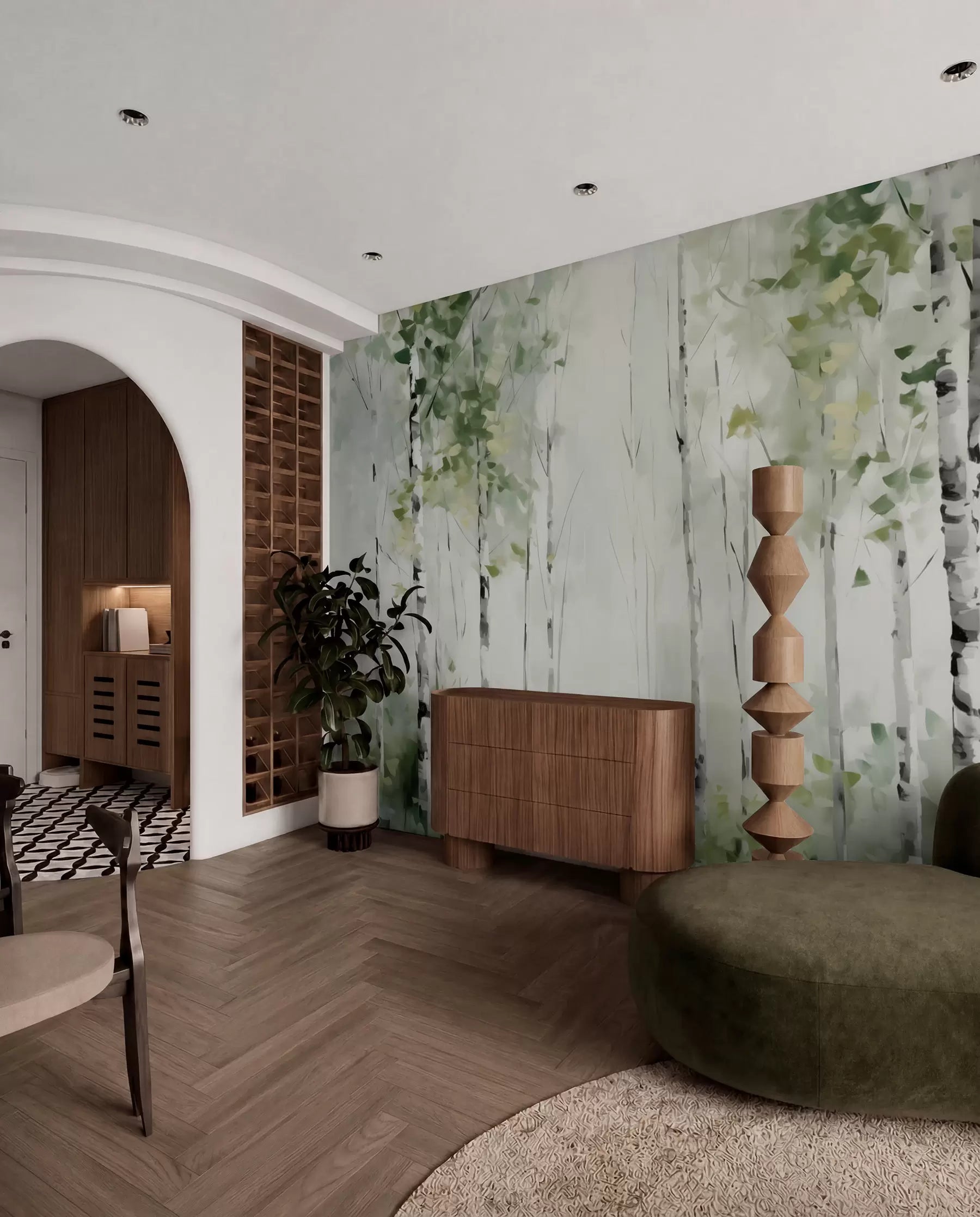 Birch tree forest mural in a room with an arched doorway and wooden sideboard