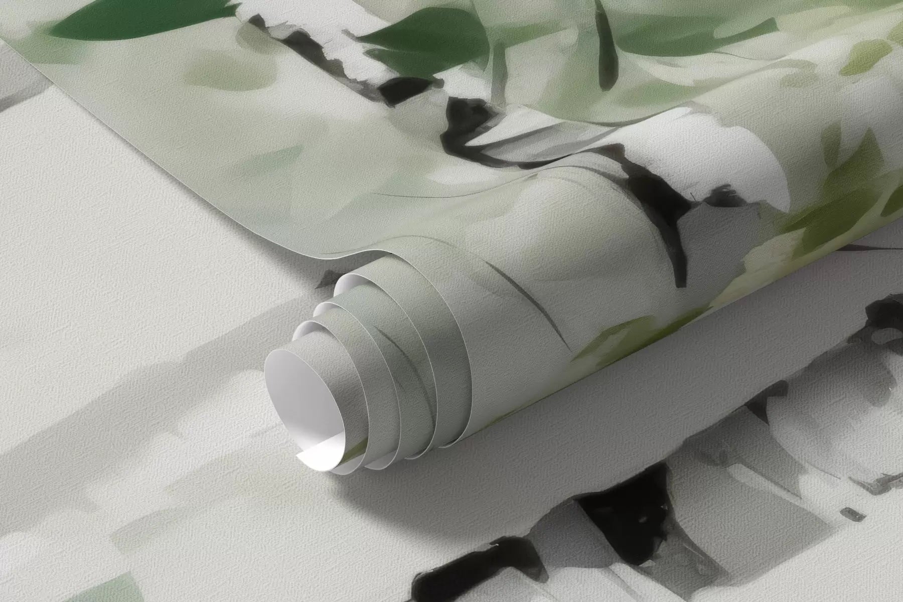 Rolled birch grove mural wallpaper in sage green and white