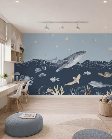 Underwater Sea Life, Whale, Dolphin, Corals, Sea Animals, Ocean Theme, Pastel Colors