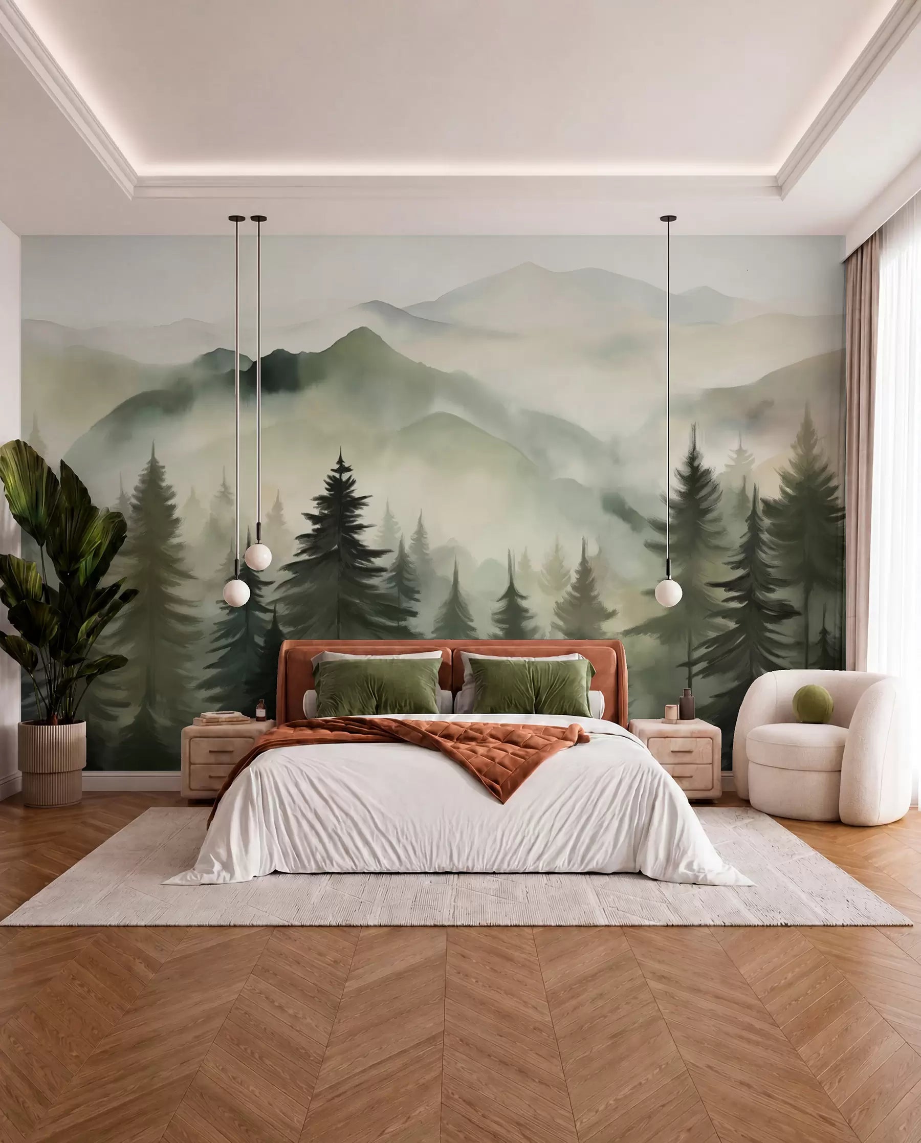 Misty green mountain ridges and pine forest wall mural behind a bed with rust and white bedding