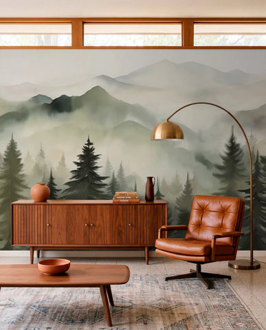 Green ridges at first light mural in a mid-century living room with a leather lounge chair