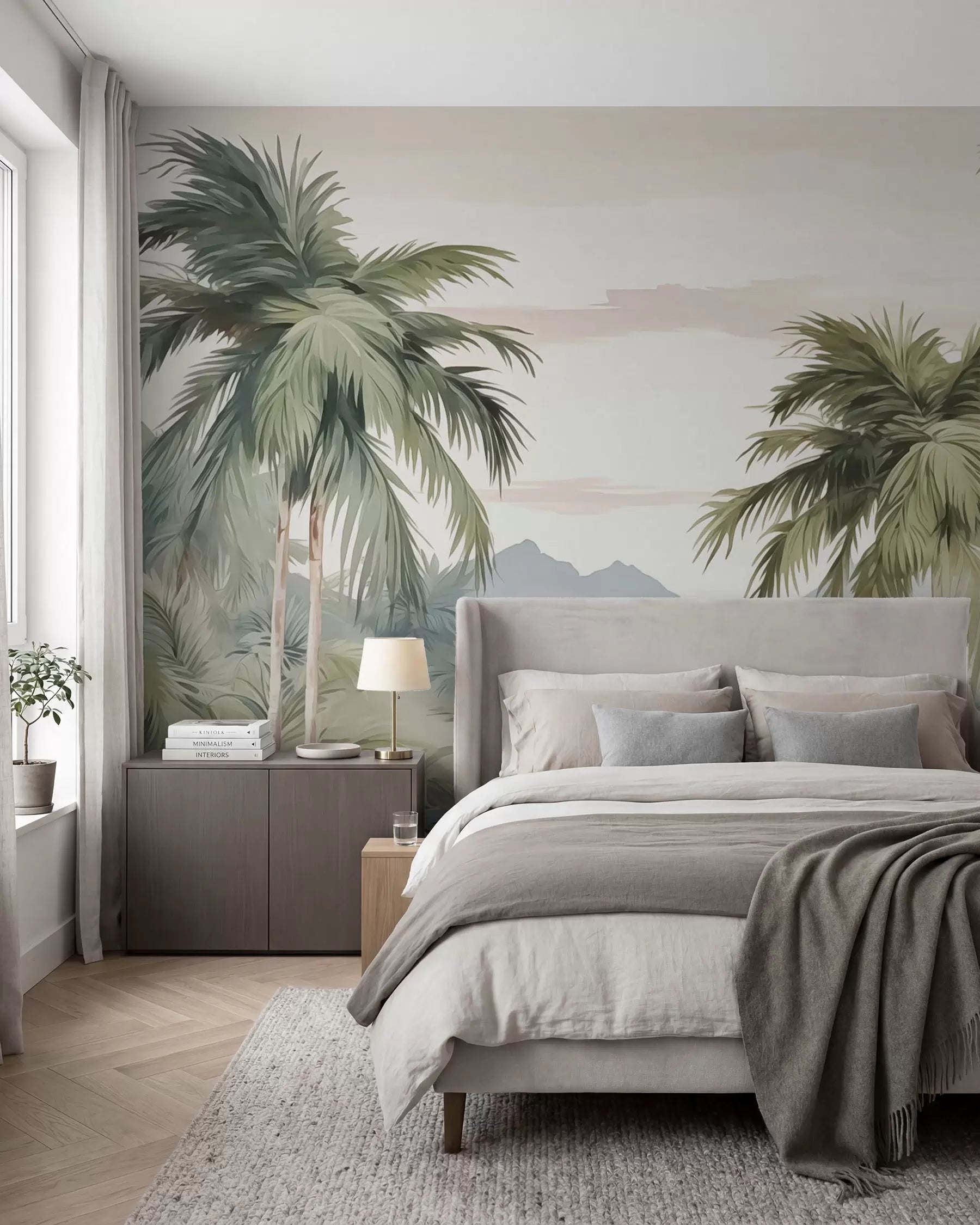 Soft green palm tree mural behind a bed with grey bedding