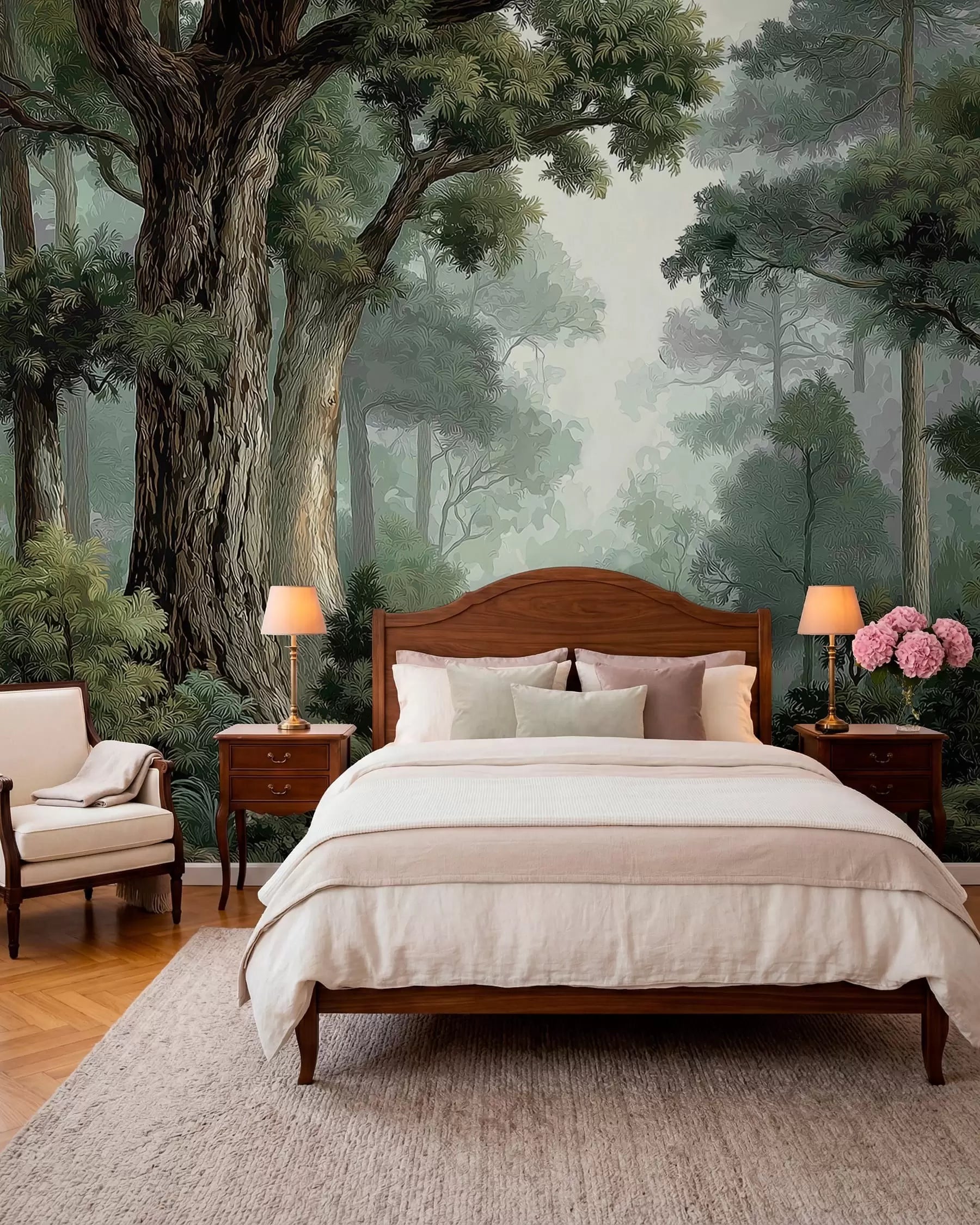 Lush forest in shadow mural with a large old tree behind a wooden bed with white bedding