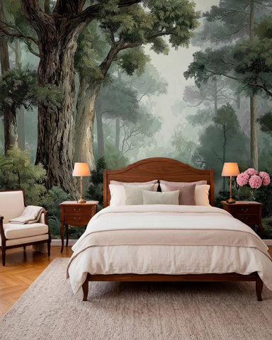 Lush forest in shadow mural with a large old tree behind a wooden bed with white bedding