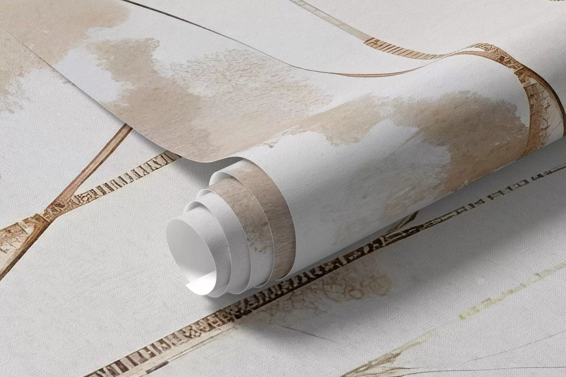 Rolled winter tree study mural wallpaper with gold line details
