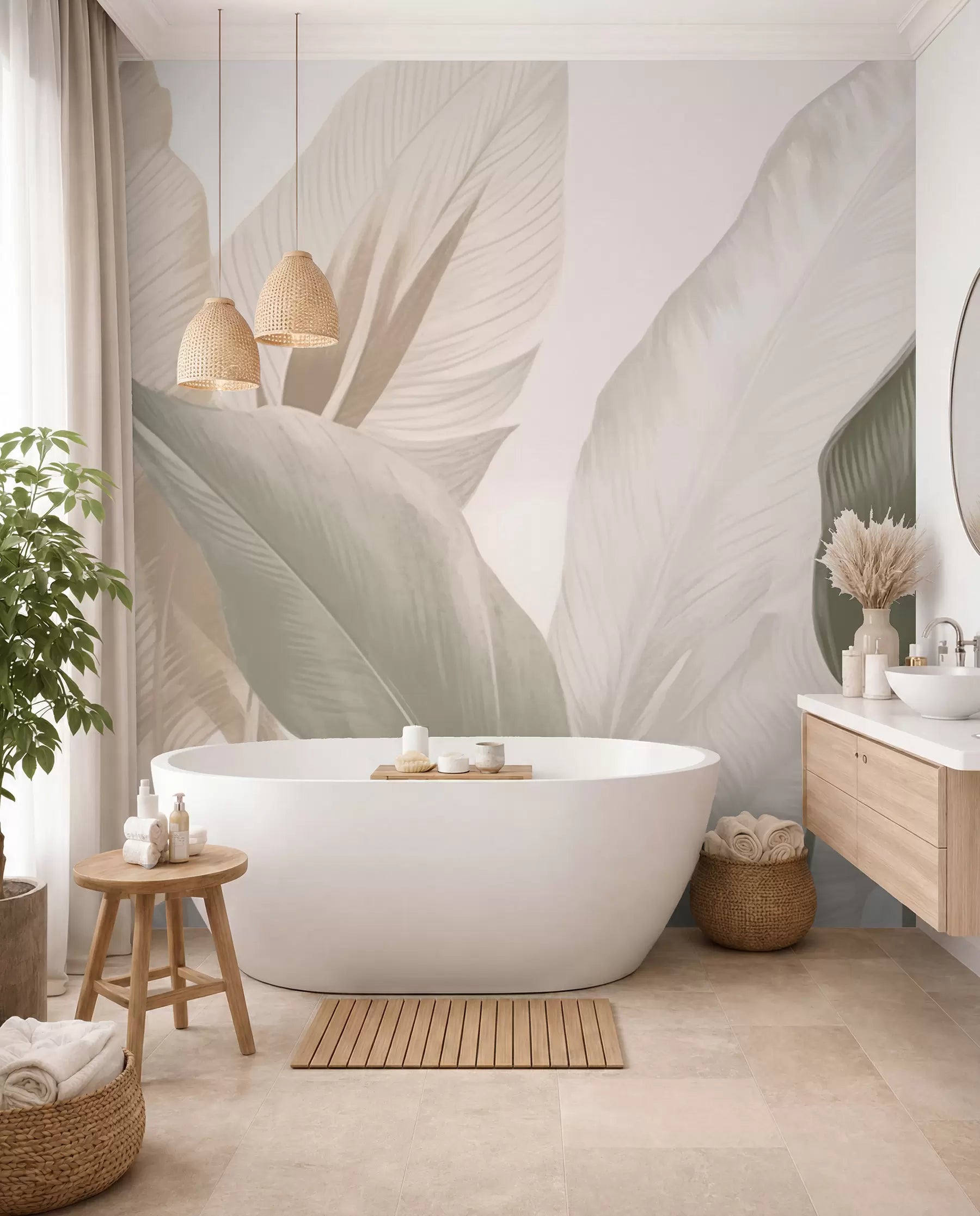 Soft leaf forms mural in a bathroom with a freestanding tub and wooden stool