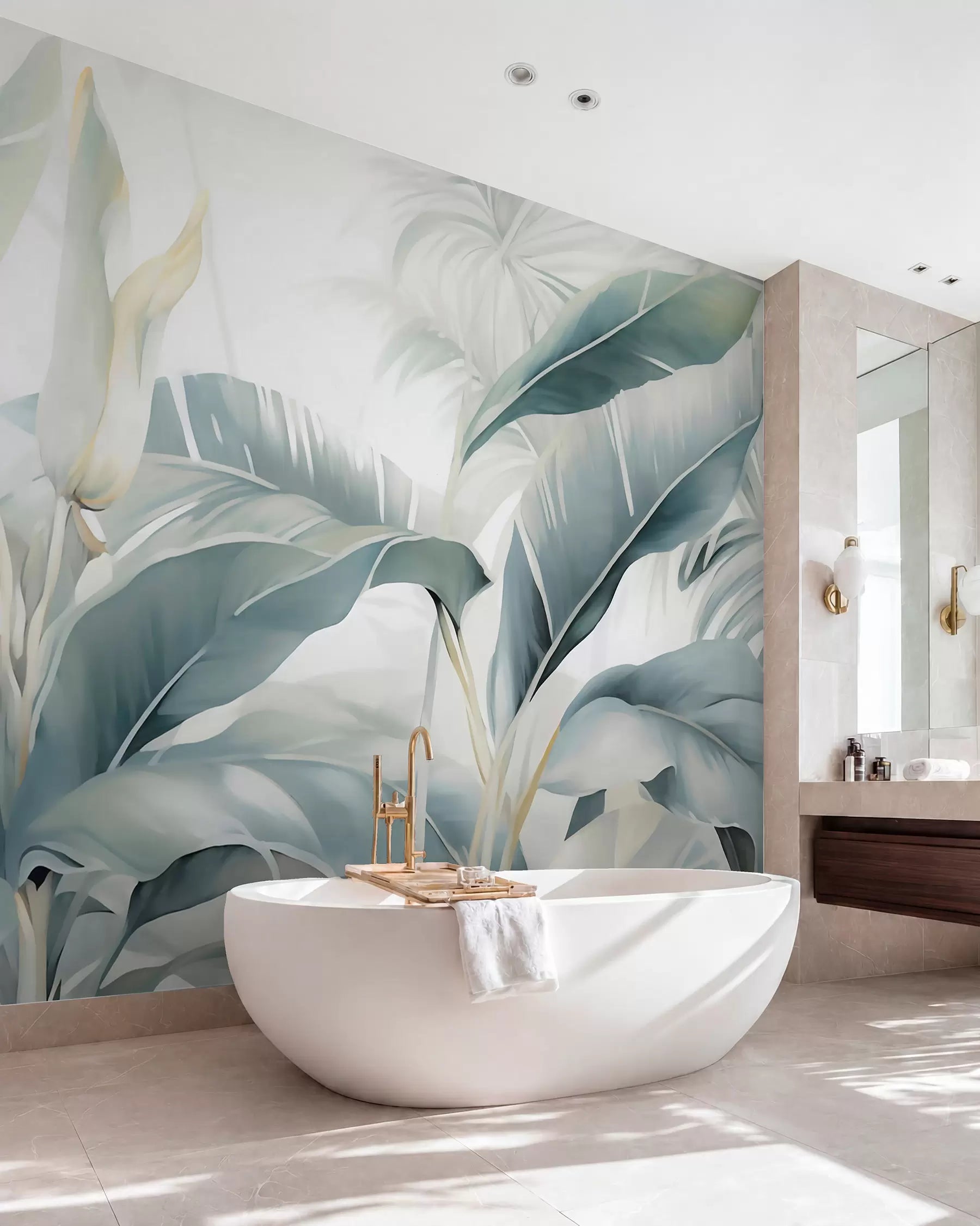 Tropical banana leaf mural in a bathroom with a freestanding white bathtub