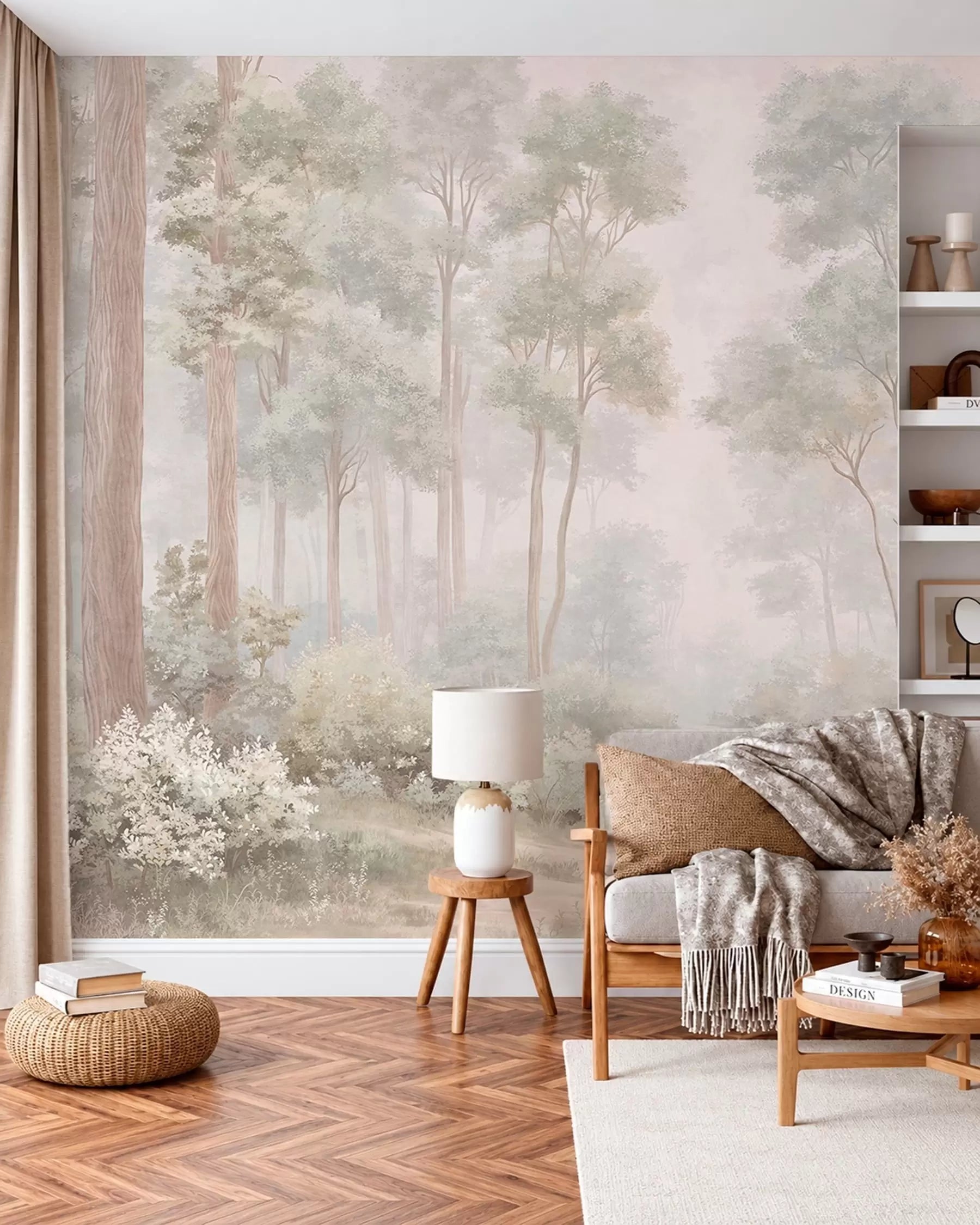Pastel woodland path mural in a living room with a wooden armchair