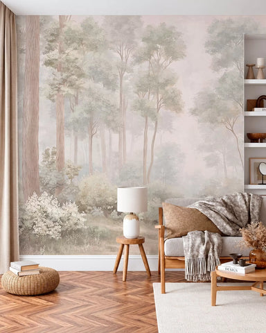 Pastel woodland path mural in a living room with a wooden armchair
