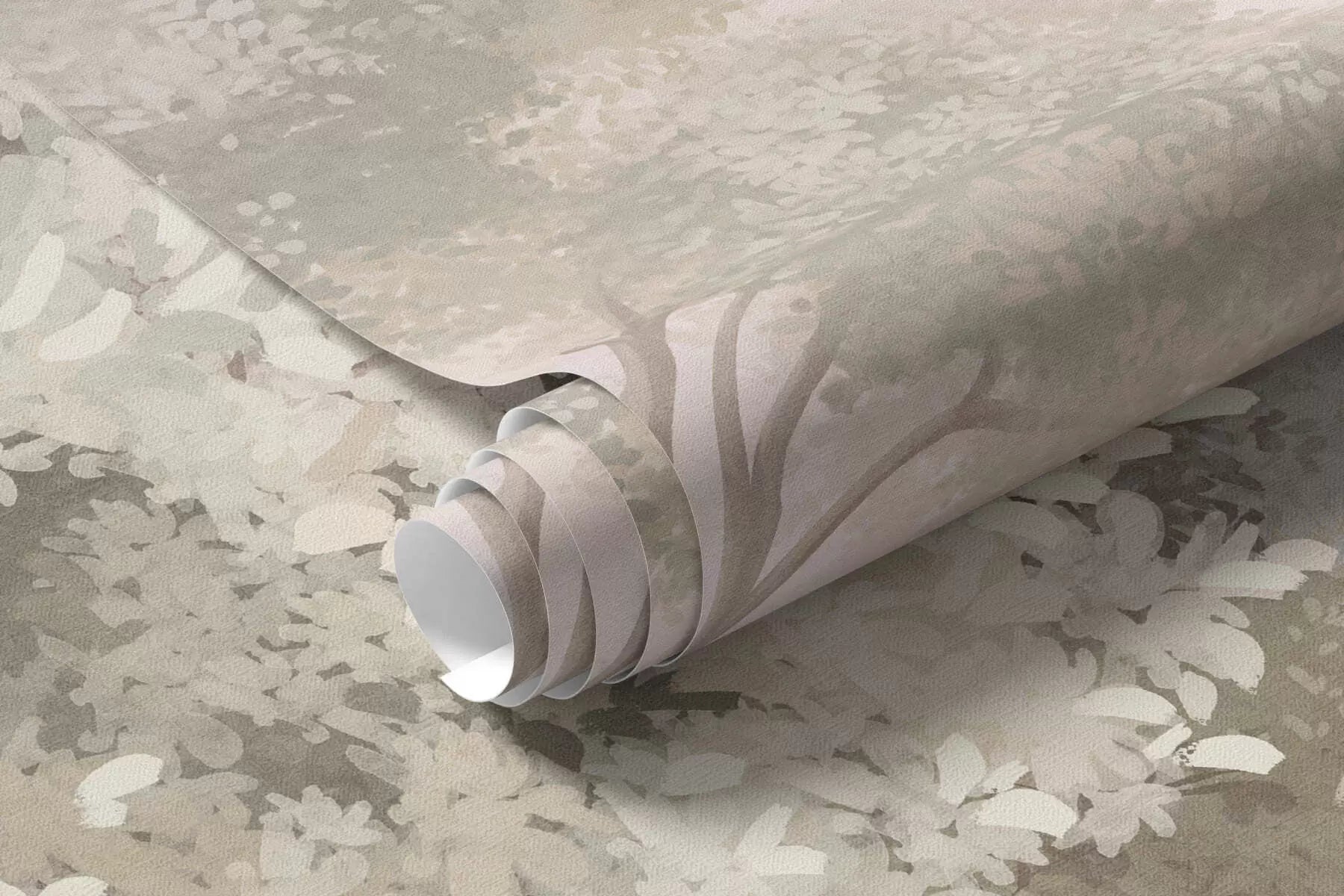 Rolled woodland path mural wallpaper in pastel grey and sage