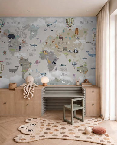 World map with animals and balloons