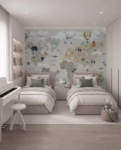 World map with animals and balloons