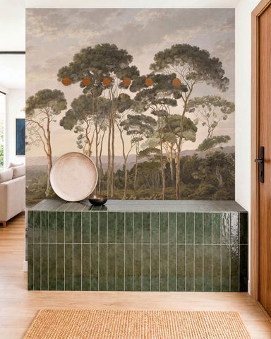 River beyond the grove mural in a hallway with a green tiled console