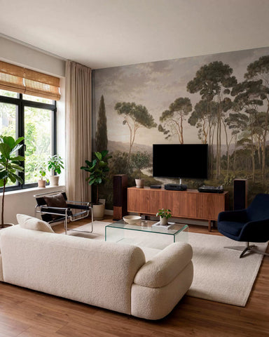 Painted grove of umbrella pines beside a river wall mural behind a TV unit in a living room