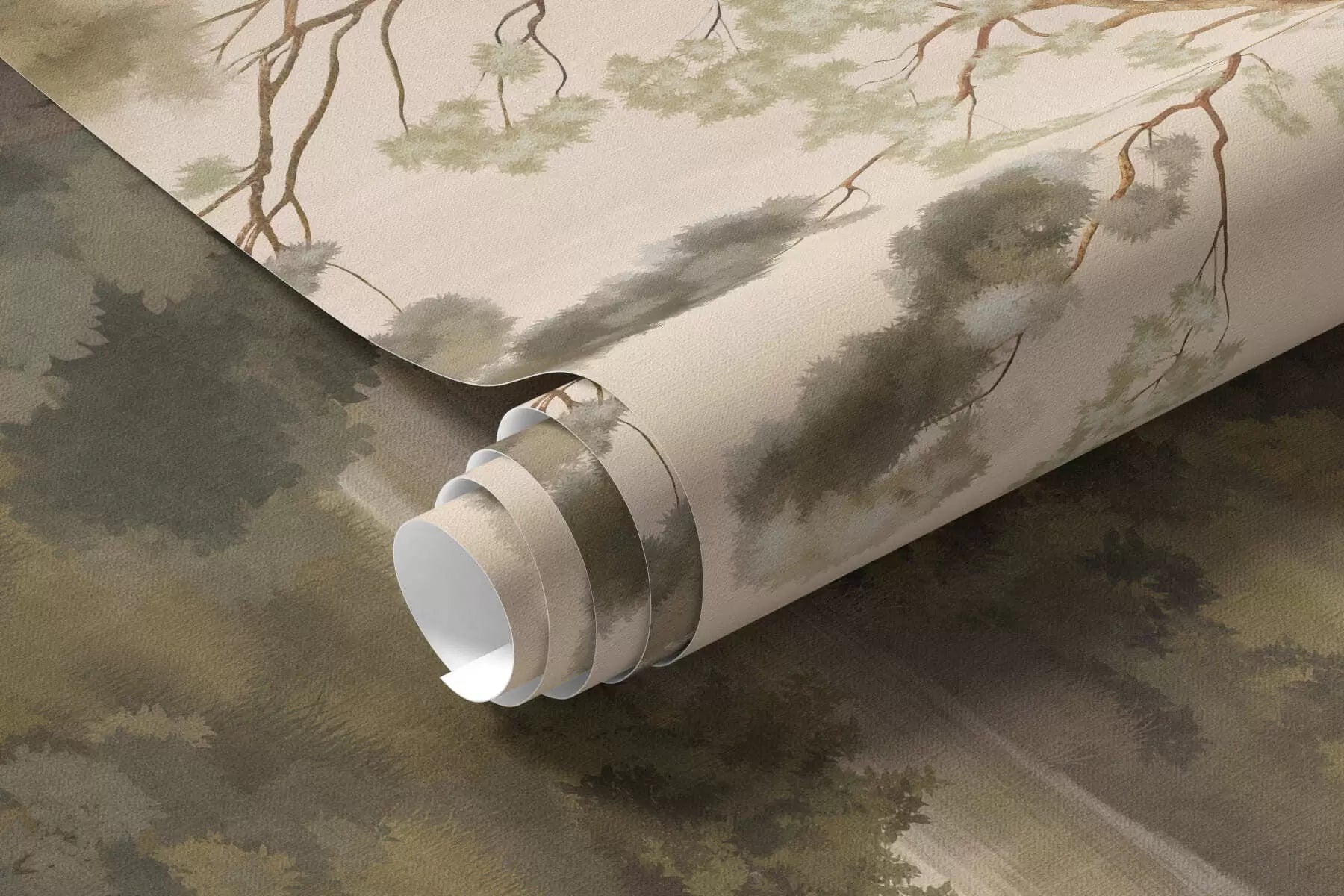 Rolled river grove mural wallpaper in olive and warm beige