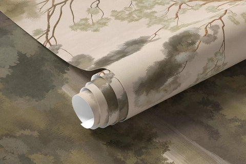 Rolled river grove mural wallpaper in olive and warm beige