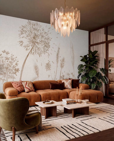 Dandelion flight mural in a living room with a rust velvet sofa and chandelier
