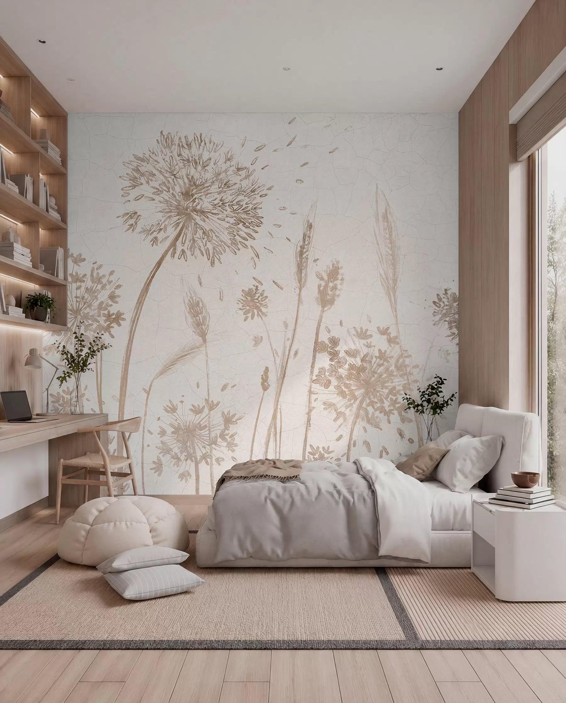 Warm beige dandelion and wild grass wall mural in a bedroom with a built-in desk and grey bed