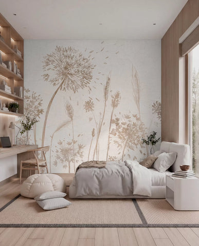 Warm beige dandelion and wild grass wall mural in a bedroom with a built-in desk and grey bed
