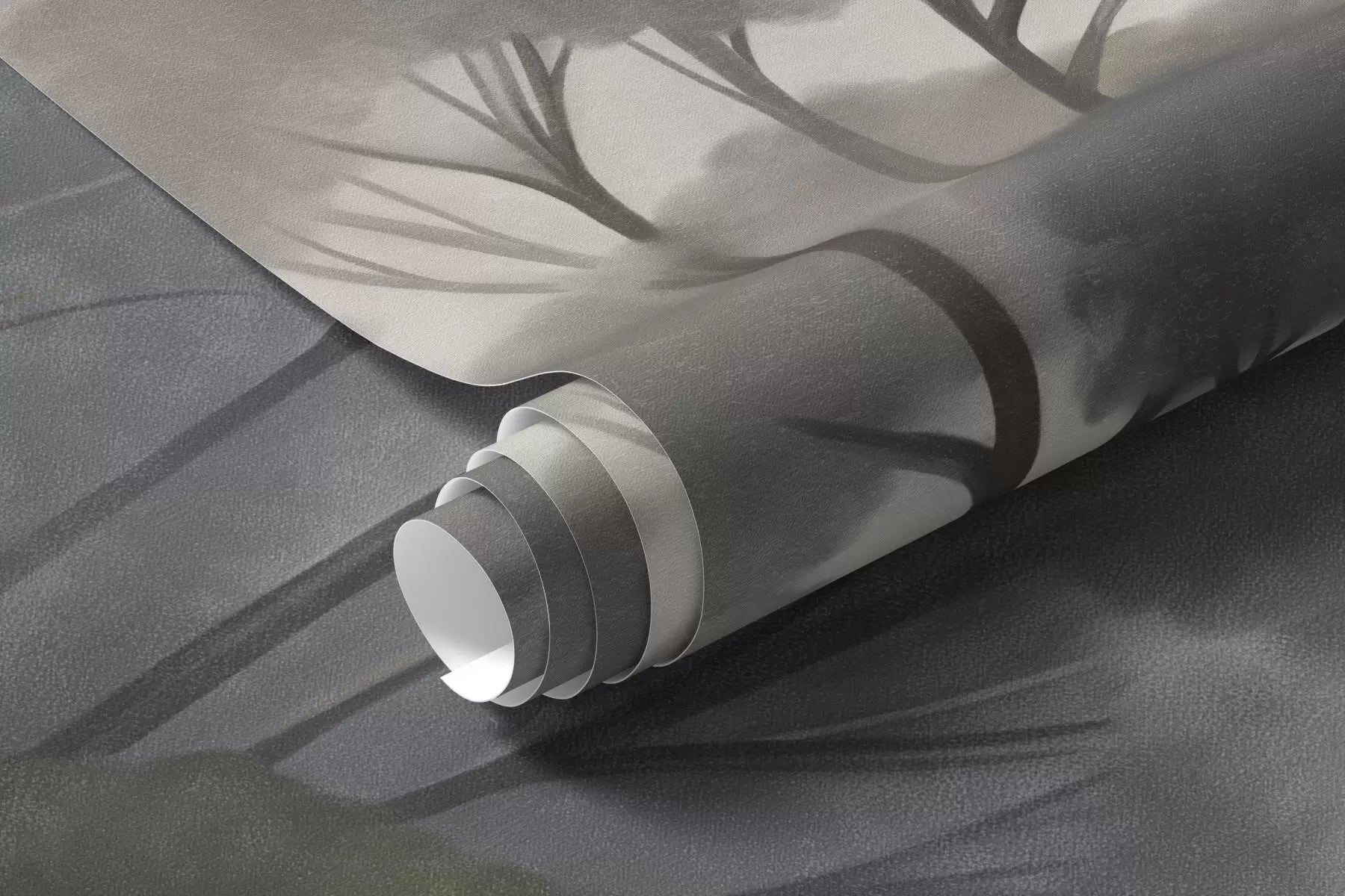 Rolled sage lake mural wallpaper in soft grey-green