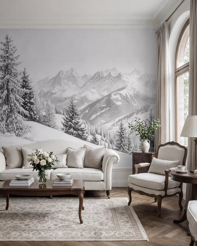 Snowy mountain view mural in a living room with a grey sofa and armchair