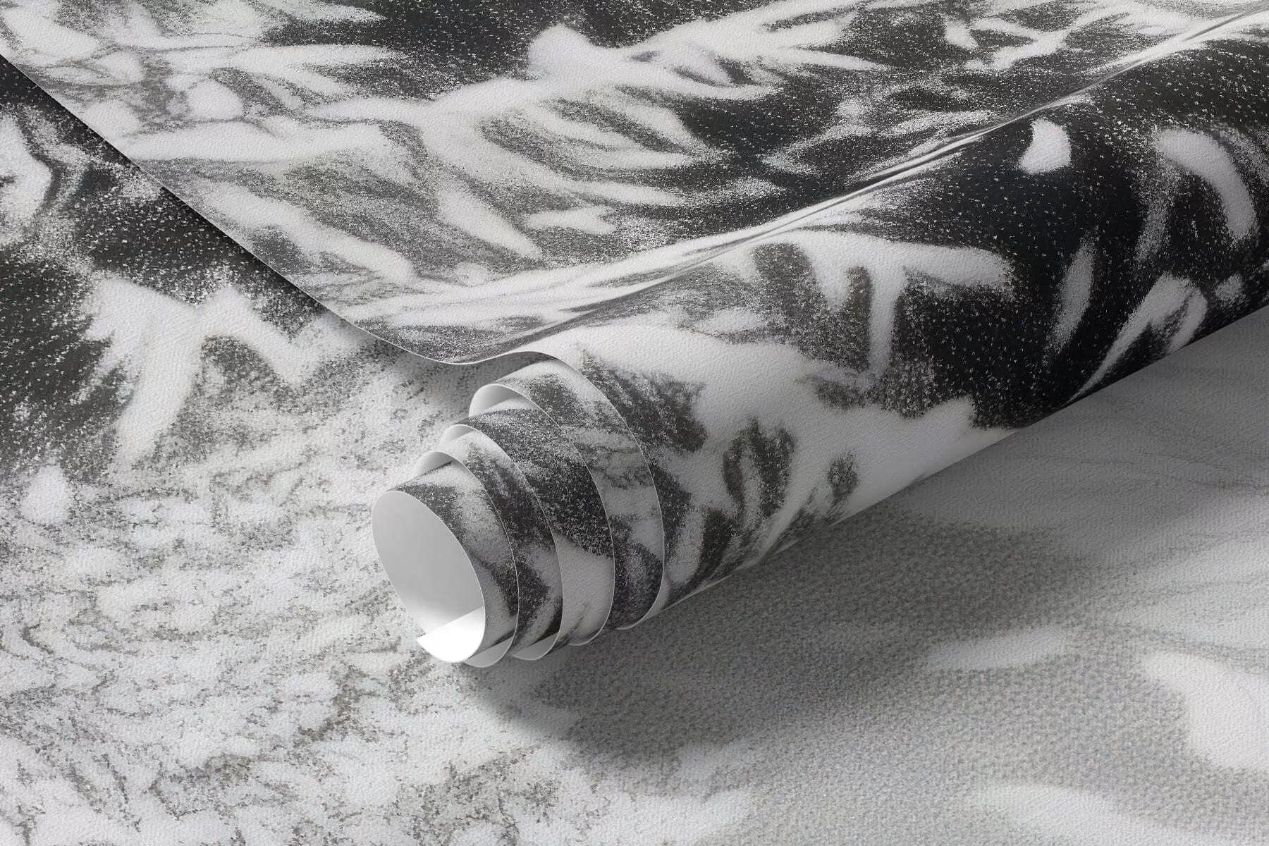 Rolled snowy mountain view mural wallpaper in grey and white