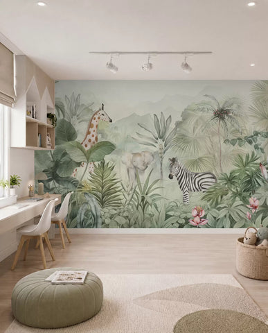 Jungle forest, palm trees, giraffe, elephant, zebra, watercolor, greenery, banana tree, flowers