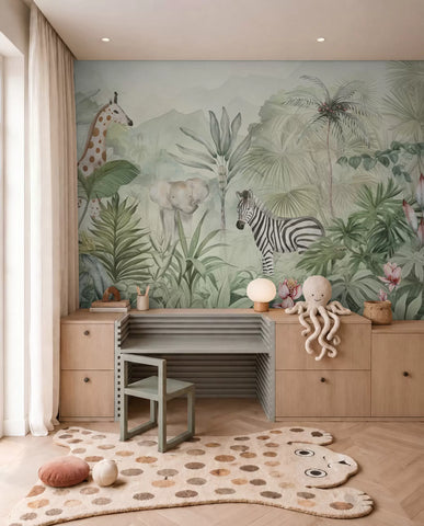 Jungle forest, palm trees, giraffe, elephant, zebra, watercolor, greenery, banana tree, flowers
