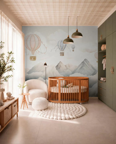 Hot air balloons floating above mountains in neutral, soft pastel tones