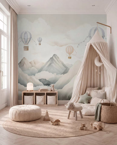 Hot air balloons floating above mountains in neutral, soft pastel tones
