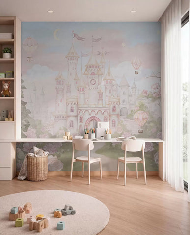 Magical castle with large flowers and trees