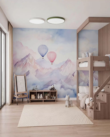 Watercolor mountains with air balloons, ethereal