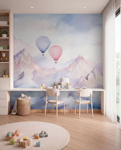 Watercolor mountains with air balloons, ethereal