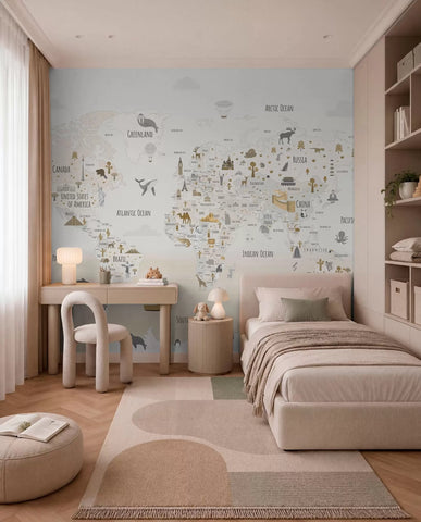 World map with animals and landmarks