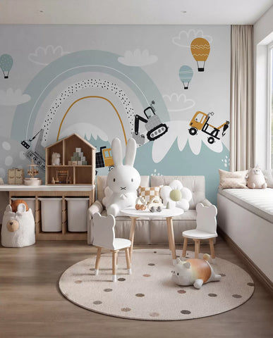 Construction vehicles, mountain landscape, balloons and clouds in scandinavian style