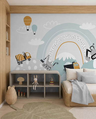 Construction vehicles, mountain landscape, balloons and clouds in scandinavian style