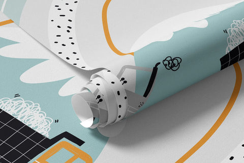 Construction vehicles, mountain landscape, balloons and clouds in scandinavian style