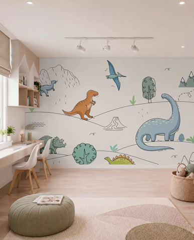 Colourful dinosaurs on the hills