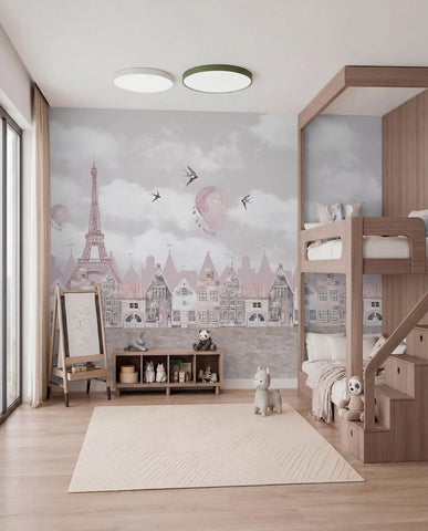 Fairytale Paris wall mural with the Eiffel Tower, pink rooftops and balloons in a kids' room with a bunk bed