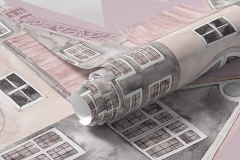 Rolled fairytale Paris mural wallpaper showing pink rooftops and windows