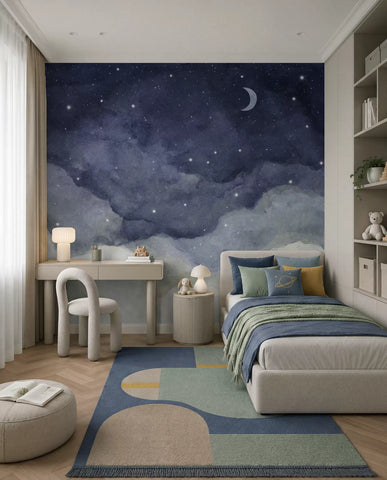 Watercolor painting of night sky with crescent moon and shining stars