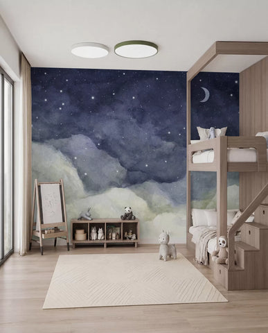 Watercolor painting of night sky with crescent moon and shining stars