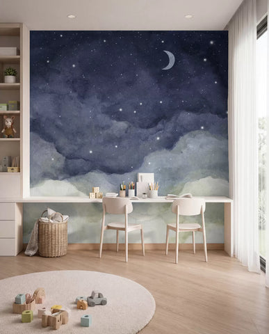 Watercolor painting of night sky with crescent moon and shining stars