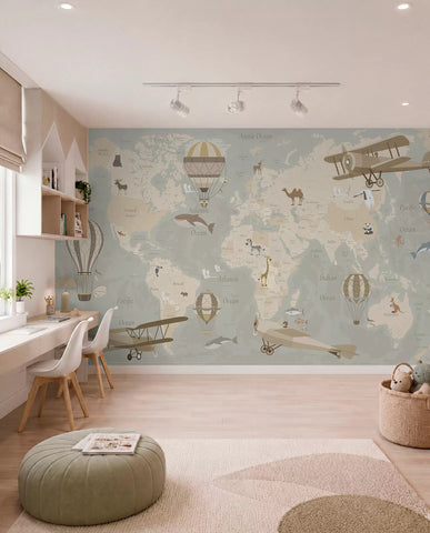 World map for children with animals, airplanes, and hot air balloons. English language. Beige color.