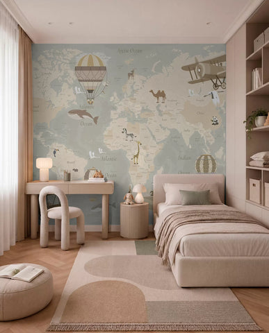 World map for children with animals, airplanes, and hot air balloons. English language. Beige color.