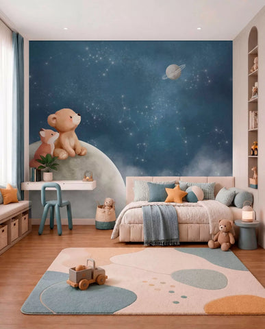 Pastel illustration bear and fox night sky